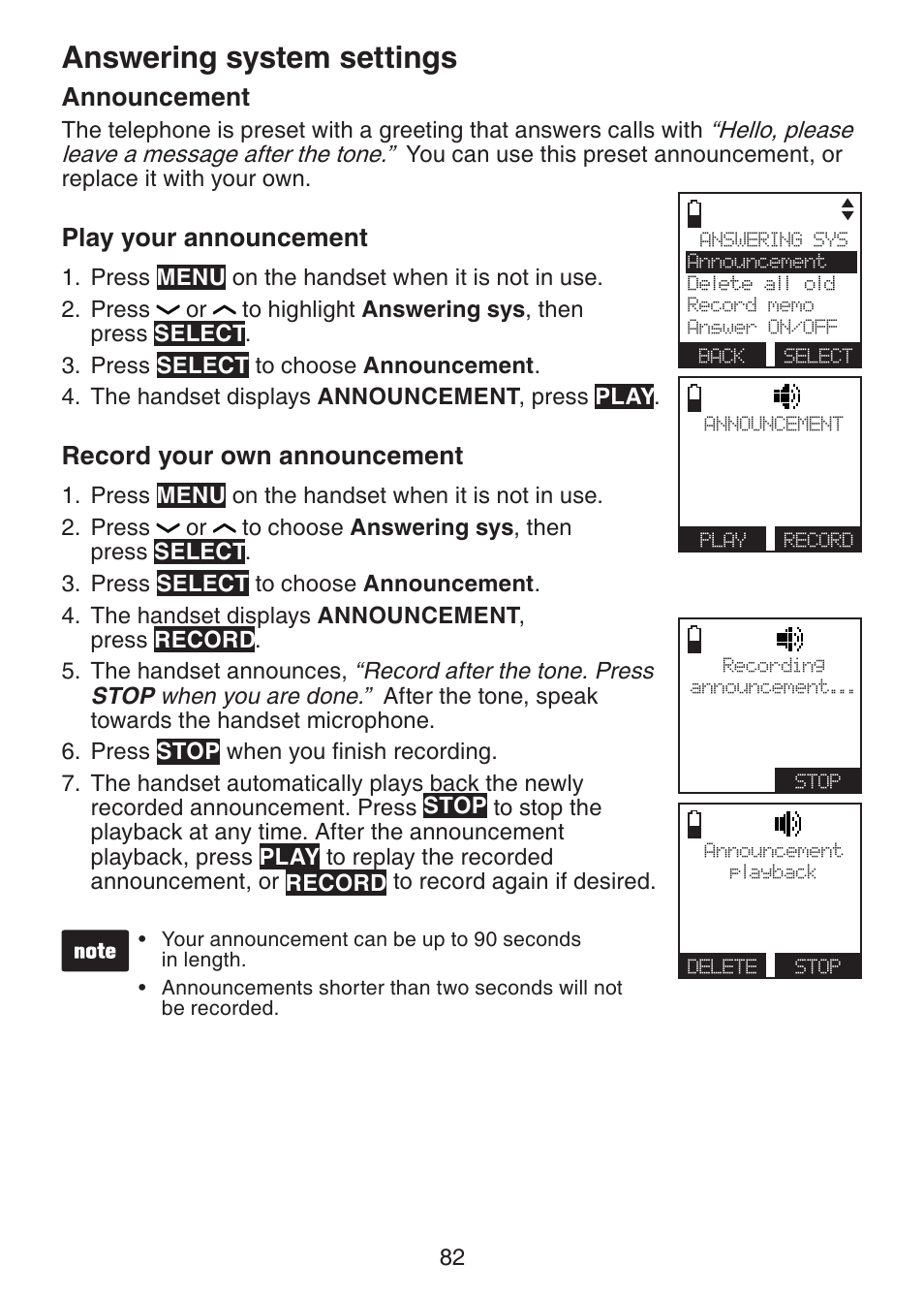 Announcement, Play your announcement, Record your own announcement | Record your own, Answering system settings | VTech DS6472-6 Manual User Manual | Page 87 / 137