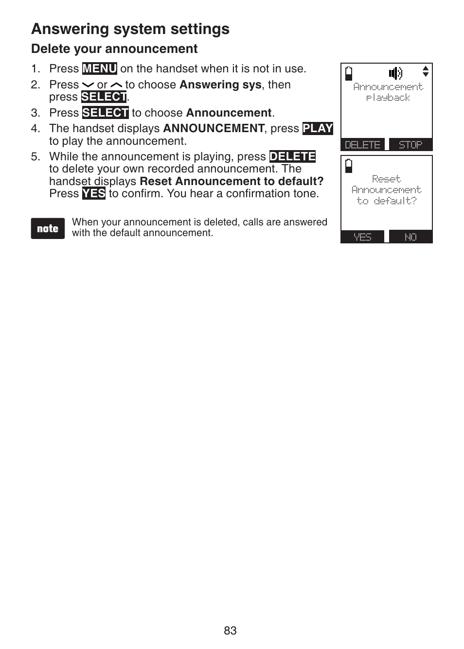 Delete your announcement, Answering system settings | VTech DS6472-6 Manual User Manual | Page 88 / 137