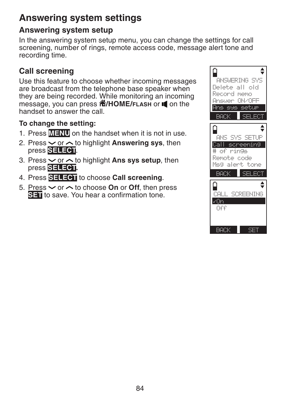 Answering system setup, Call screening, Answering system settings | VTech DS6472-6 Manual User Manual | Page 89 / 137