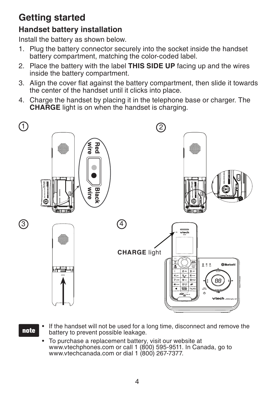 Handset battery installation, Getting started | VTech DS6472-6 Manual User Manual | Page 9 / 137