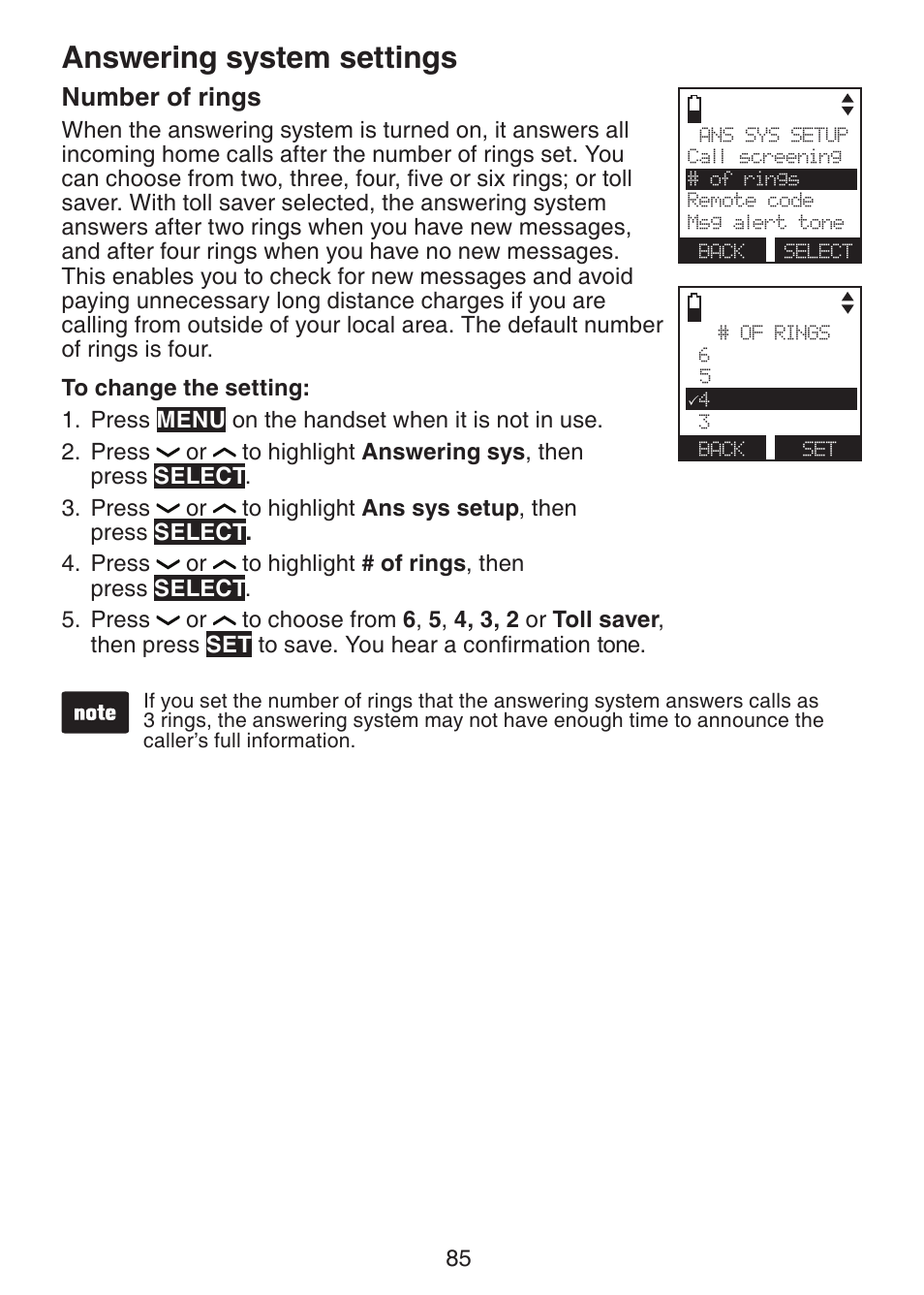 Number of rings, Answering system settings | VTech DS6472-6 Manual User Manual | Page 90 / 137