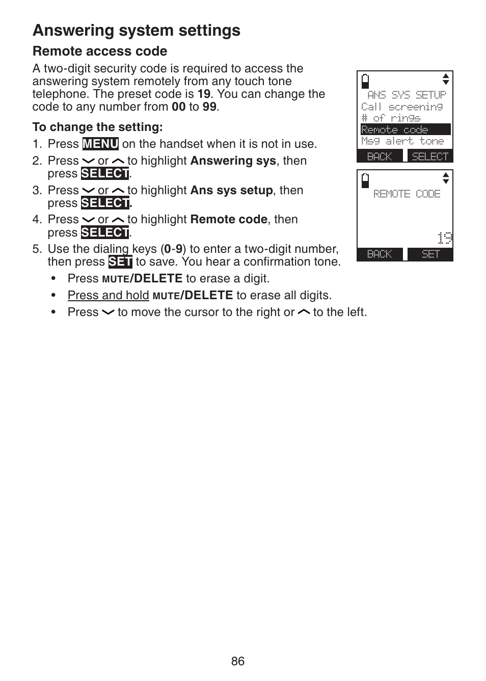 Remote access code, Answering system settings | VTech DS6472-6 Manual User Manual | Page 91 / 137