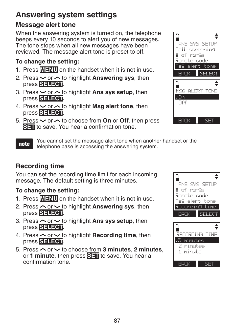 Message alert tone, Recording time, Answering system settings | VTech DS6472-6 Manual User Manual | Page 92 / 137