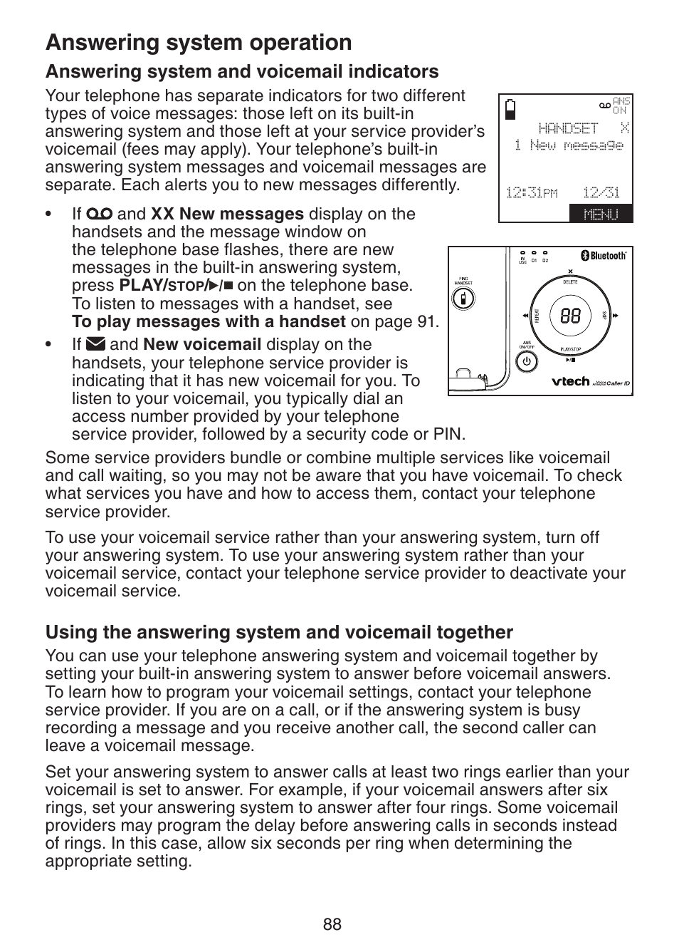 Answering system operation, Answering system and voicemail indicators, Using the answering system and voicemail together | Answering system, Operation answering system and voicemail, Indicators, Using the answering system and, Voicemail together | VTech DS6472-6 Manual User Manual | Page 93 / 137