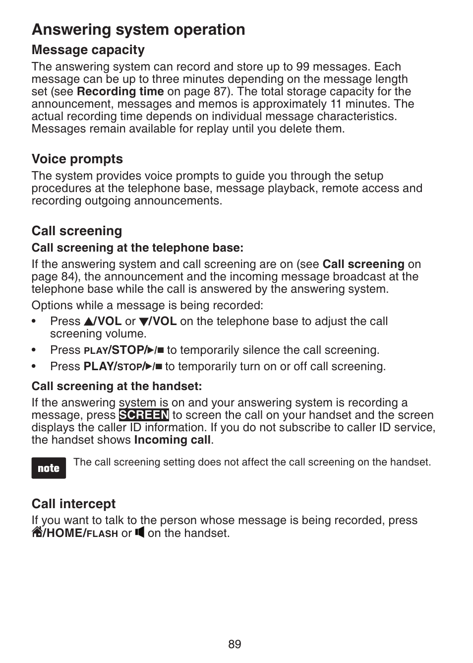 Message capacity, Voice prompts, Call screening | Call intercept, Answering system operation | VTech DS6472-6 Manual User Manual | Page 94 / 137