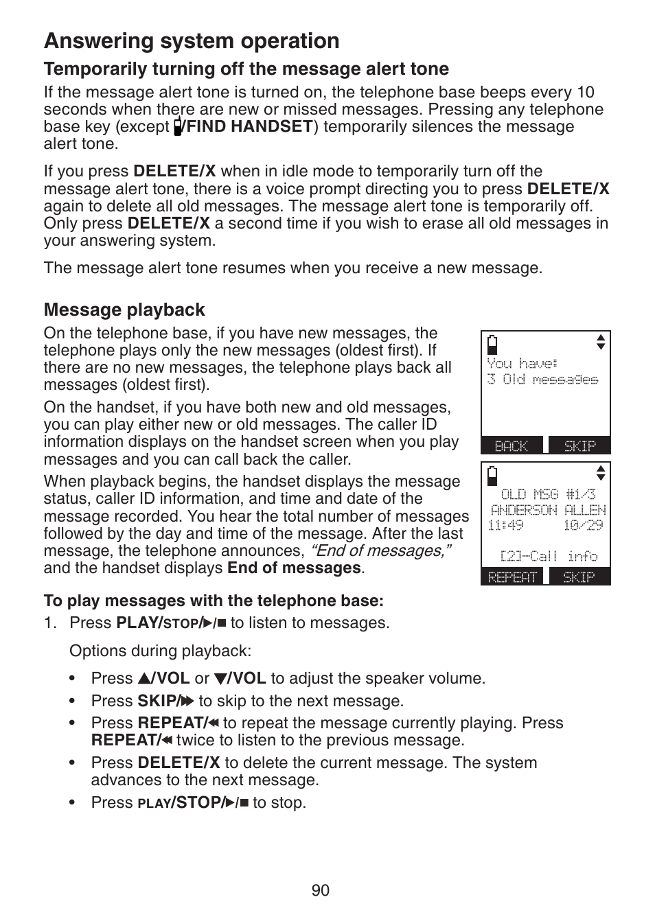 Temporarily turning off the message alert tone, Message playback, Temporarily turning off the | Message alert tone, Answering system operation | VTech DS6472-6 Manual User Manual | Page 95 / 137