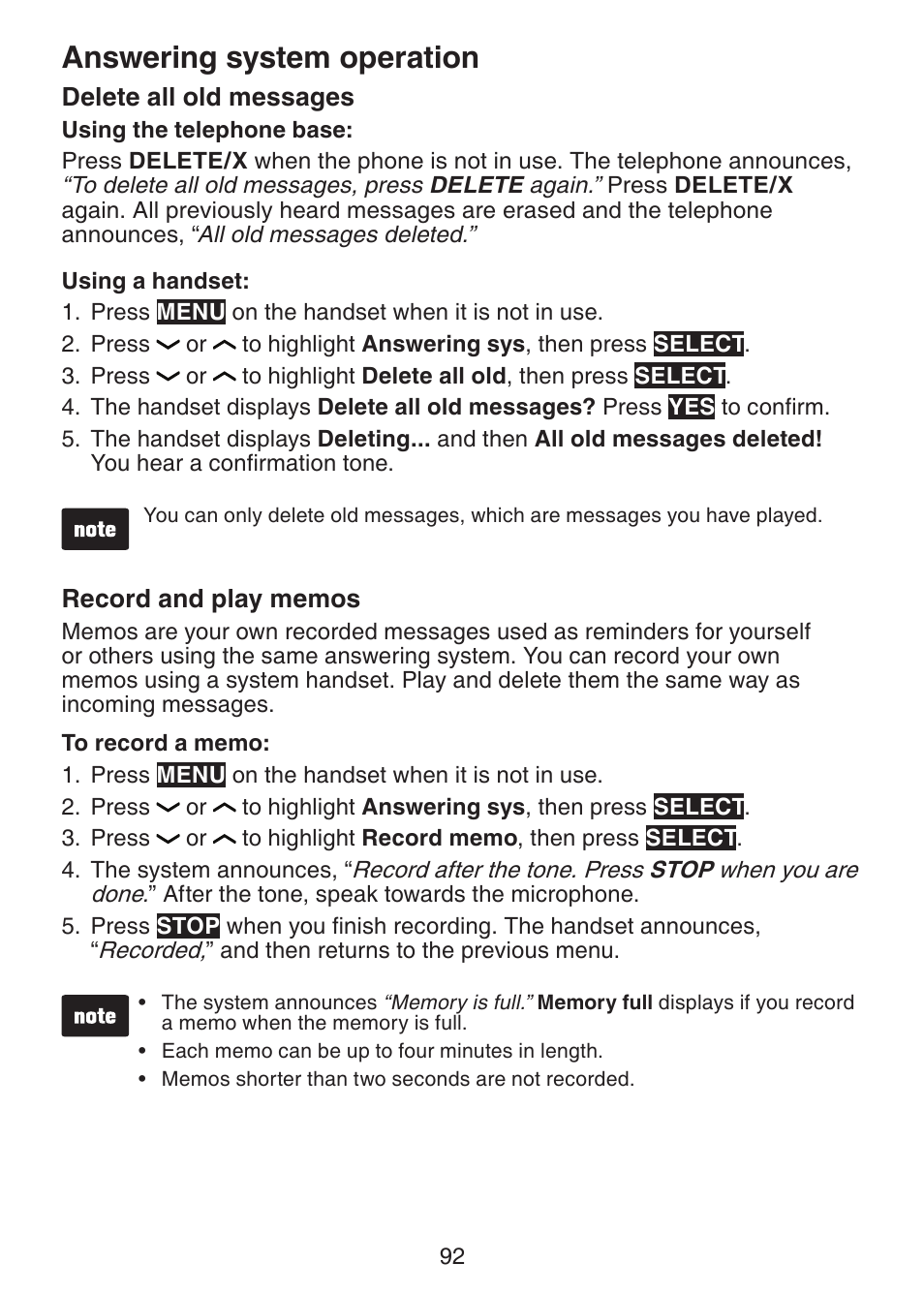 Delete all old messages, Record and play memos, Answering system operation | VTech DS6472-6 Manual User Manual | Page 97 / 137