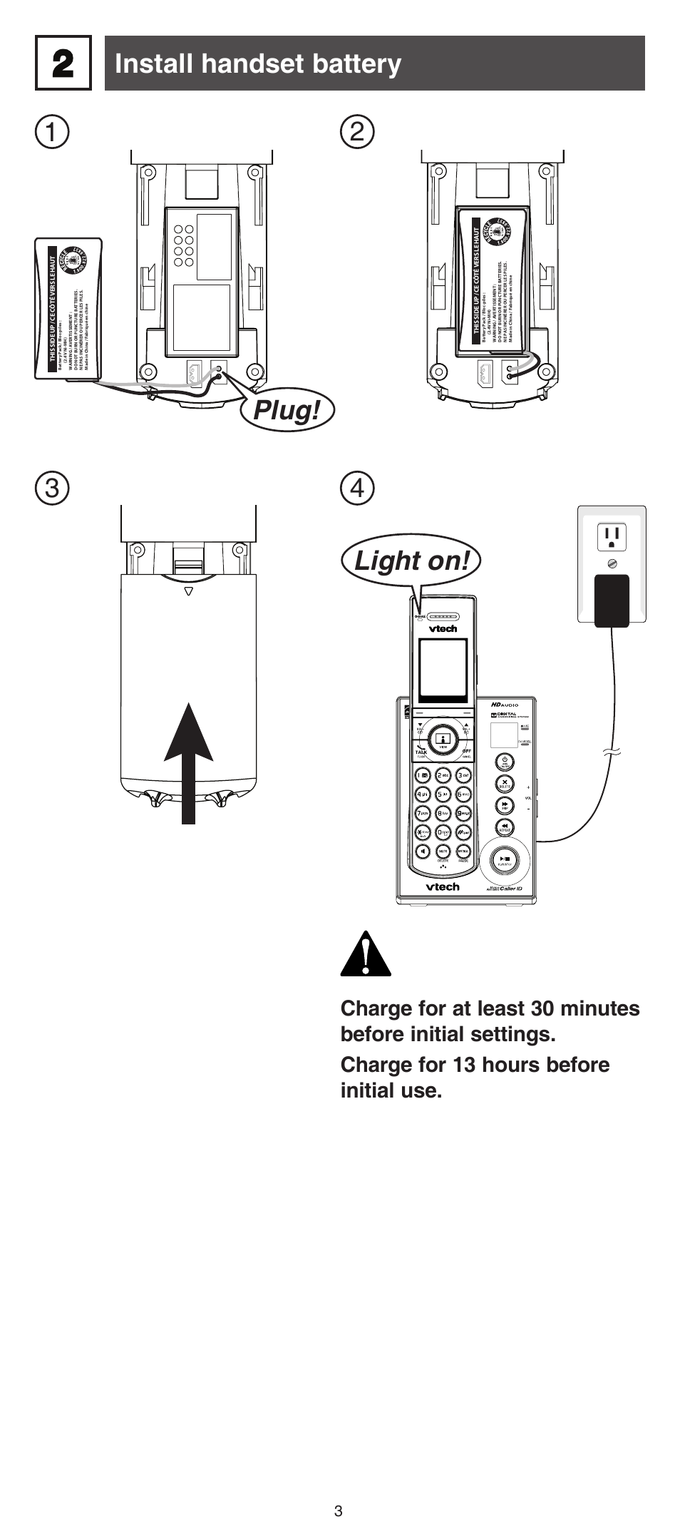 Install handset battery, Light on, Plug | VTech IS7121_-2-22 Installation User Manual | Page 3 / 16