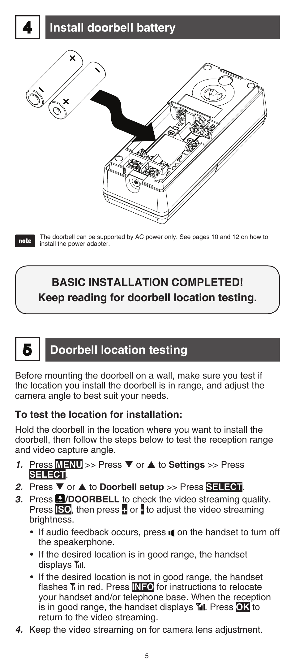 Install doorbell battery, Doorbell location testing | VTech IS7121_-2-22 Installation User Manual | Page 5 / 16