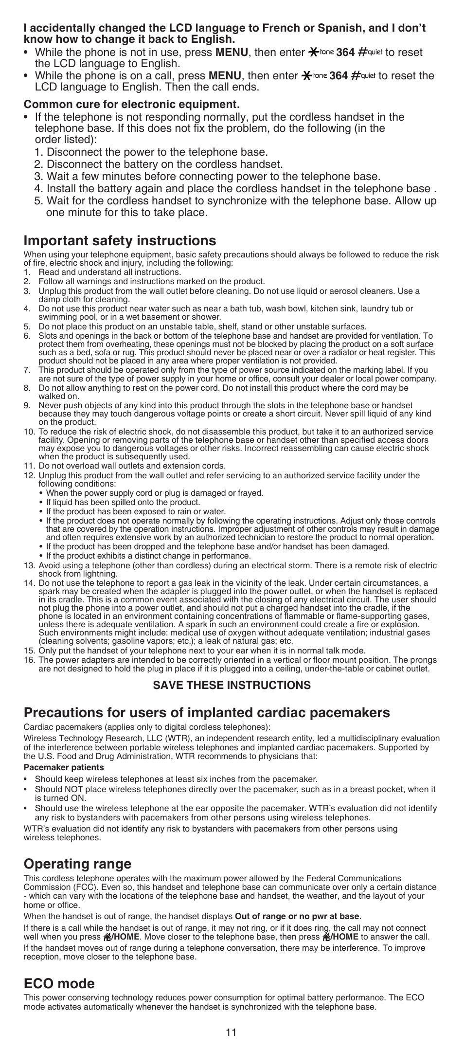 Important safety instructions, Operating range, Eco mode | Save these instructions | VTech DS6511_-15-16-2-3-4A Abridged manual User Manual | Page 11 / 14