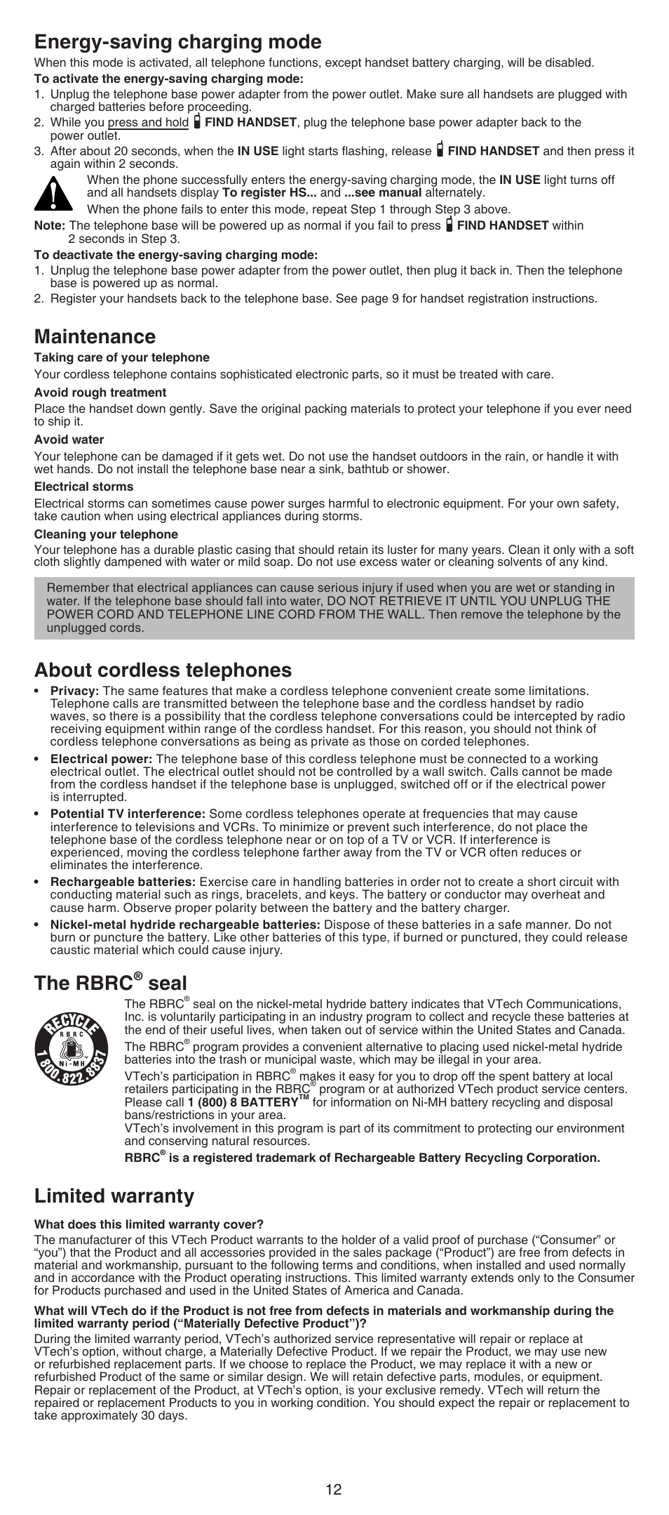 Energy-saving charging mode, Maintenance, About cordless telephones | The rbrc, Seal, Limited warranty | VTech DS6511_-15-16-2-3-4A Abridged manual User Manual | Page 12 / 14