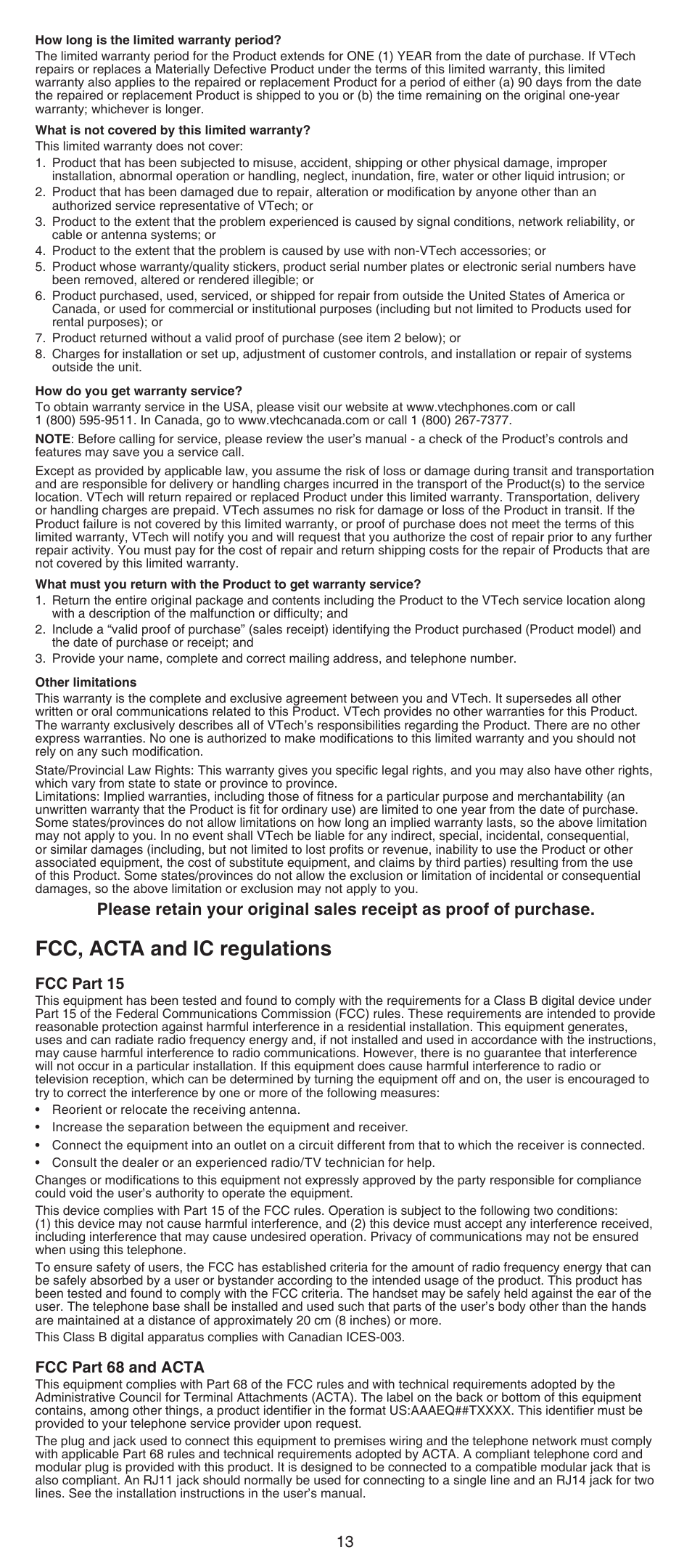 Fcc, acta and ic regulations, Fcc part 15, Fcc part 68 and acta | VTech DS6511_-15-16-2-3-4A Abridged manual User Manual | Page 13 / 14