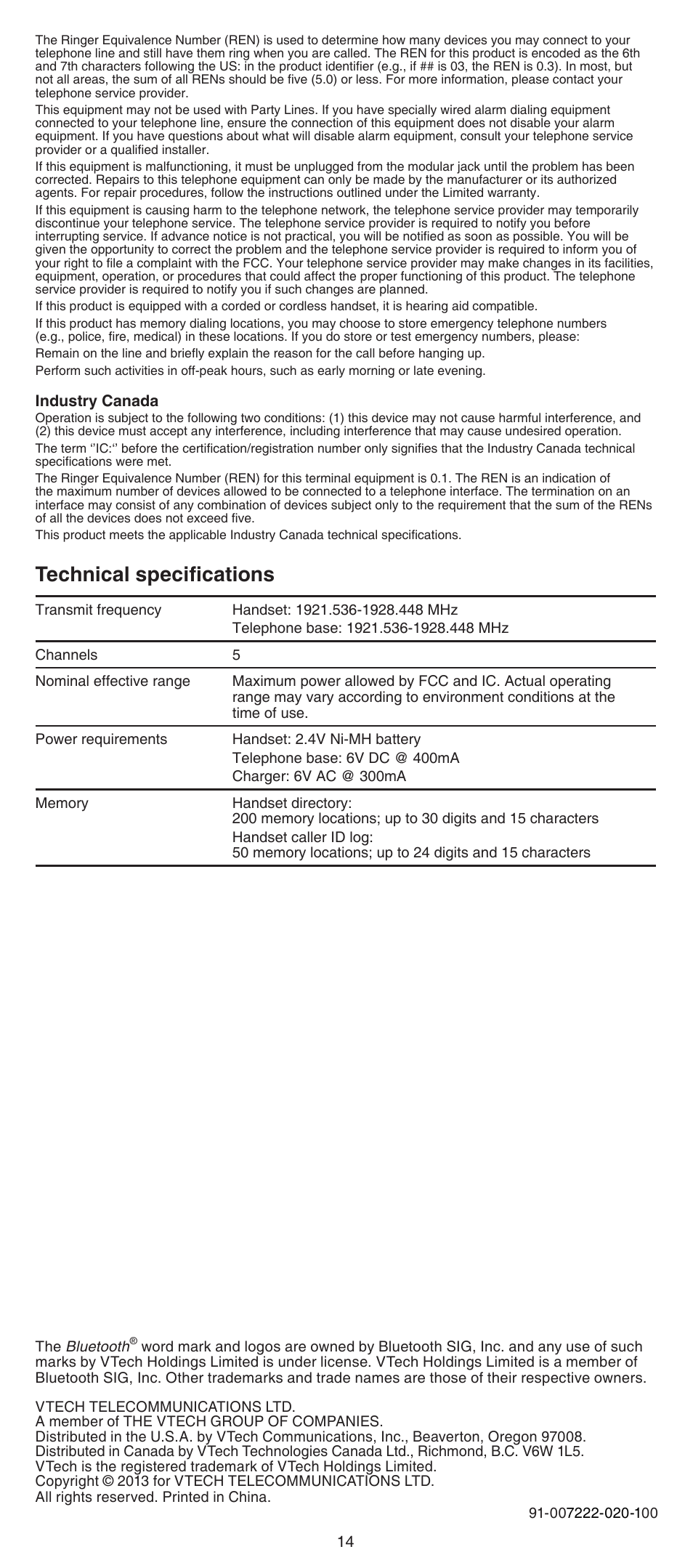 Technical specifications | VTech DS6511_-15-16-2-3-4A Abridged manual User Manual | Page 14 / 14