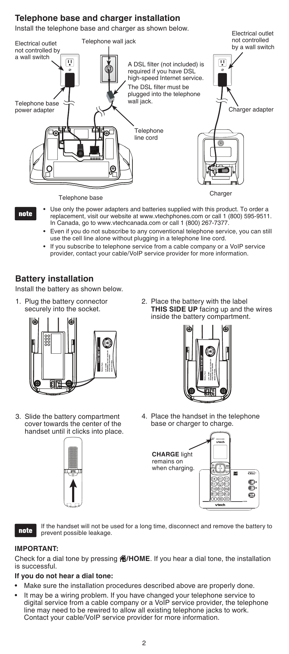 Battery installation, Telephone base and charger installation | VTech DS6511_-15-16-2-3-4A Abridged manual User Manual | Page 2 / 14