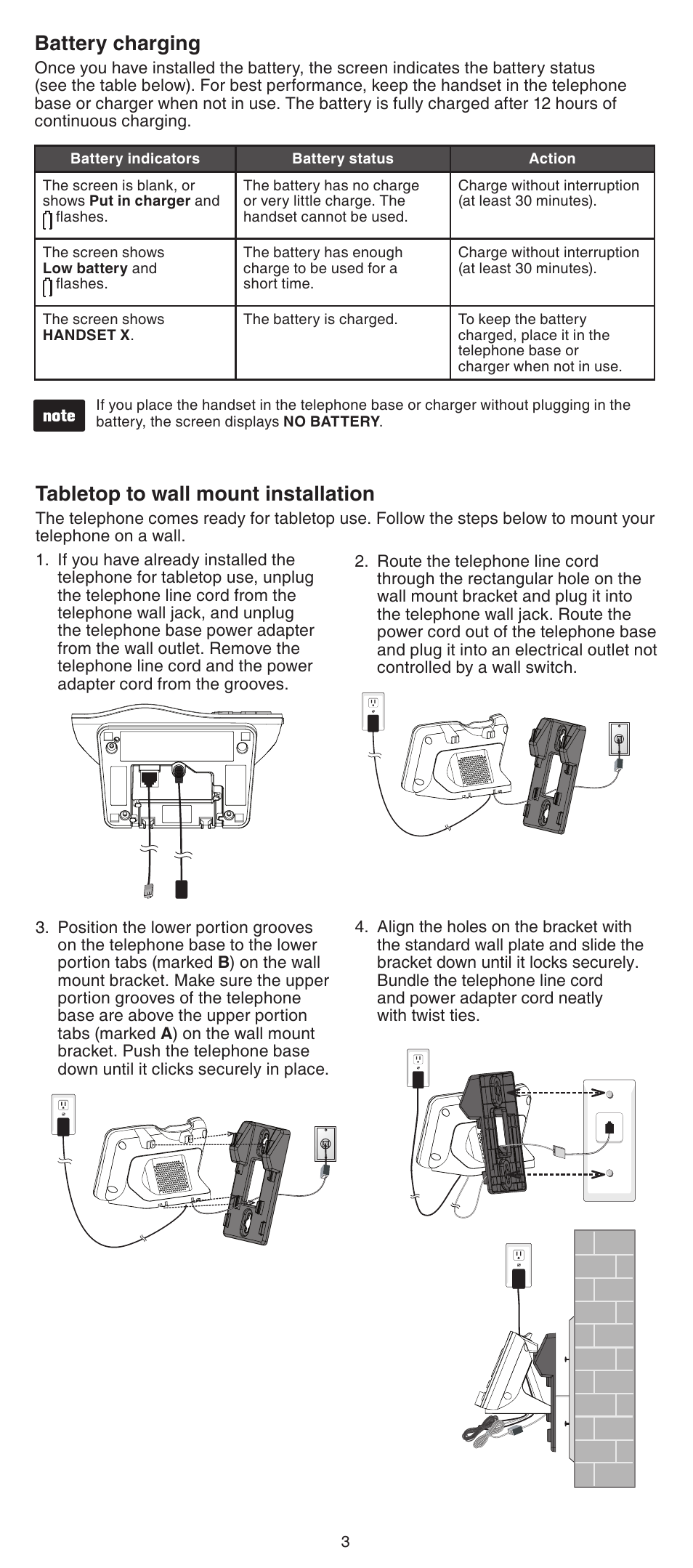 Battery charging, Tabletop to wall mount installation | VTech DS6511_-15-16-2-3-4A Abridged manual User Manual | Page 3 / 14