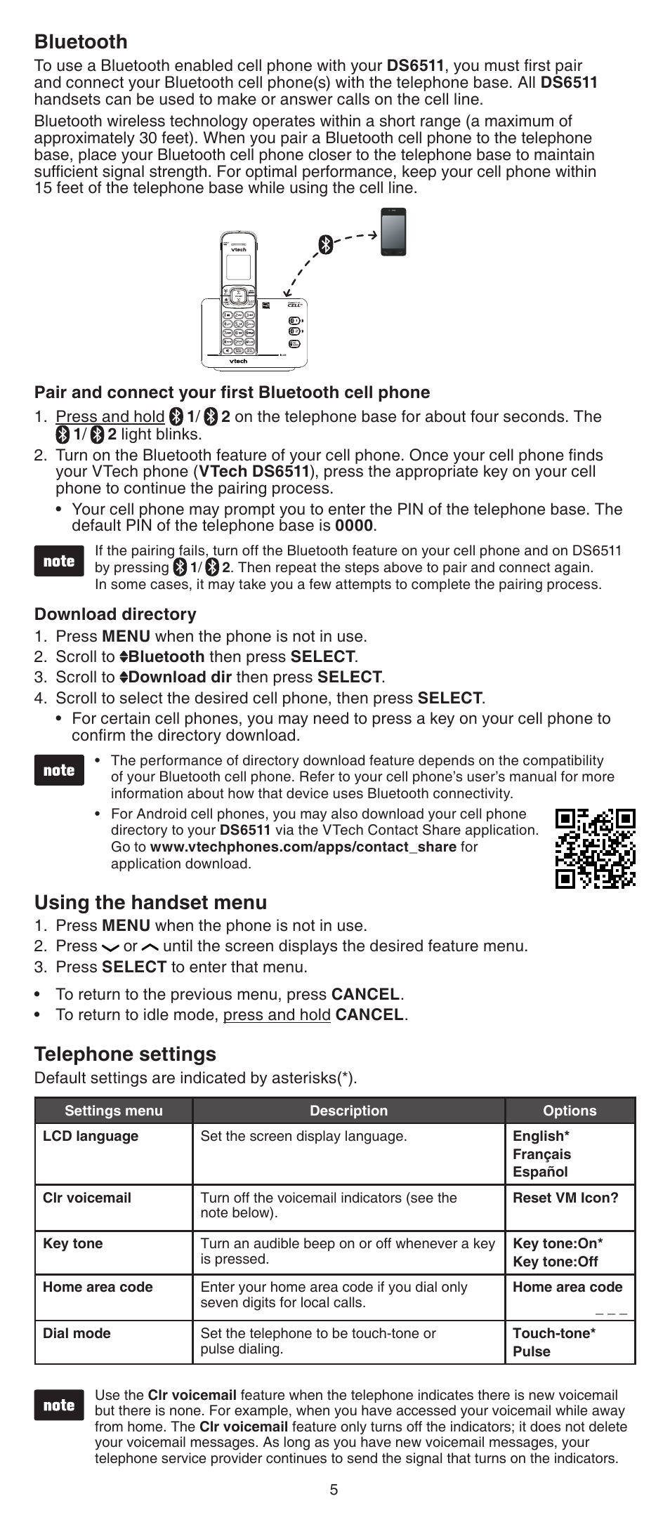 Bluetooth, Using the handset menu, Telephone settings | VTech DS6511_-15-16-2-3-4A Abridged manual User Manual | Page 5 / 14