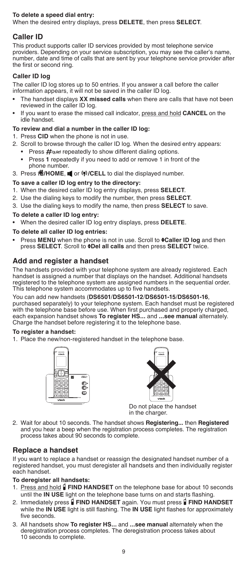 Caller id, Add and register a handset, Replace a handset | VTech DS6511_-15-16-2-3-4A Abridged manual User Manual | Page 9 / 14