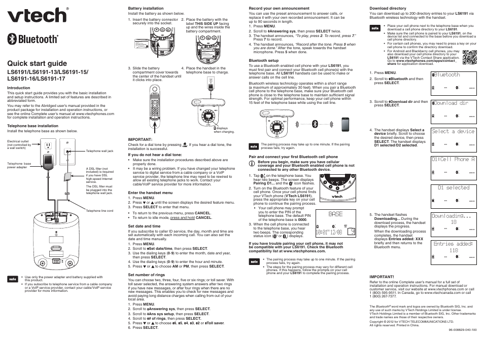 VTech LS6191_-13-15-16-17 Quick start User Manual | 2 pages