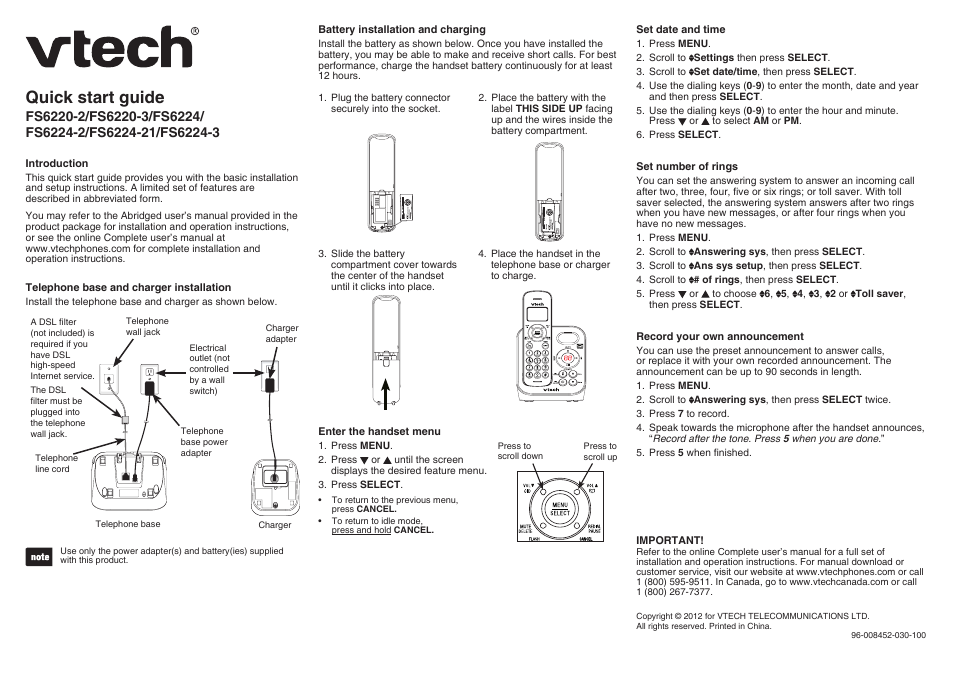 VTech FS6224_-2-21-3 Quick start User Manual | 2 pages