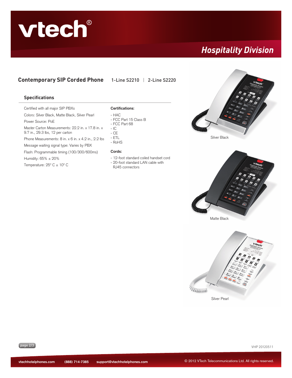 Key features, Contemporary sip corded phone | VTech S2220 Spec Sheets User Manual | Page 2 / 3