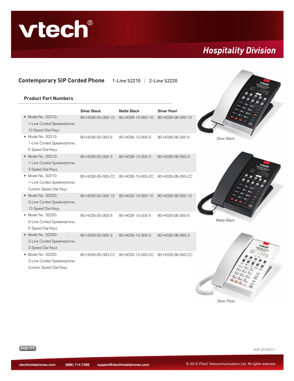 Key features, Contemporary sip corded phone | VTech S2220 Spec Sheets User Manual | Page 3 / 3