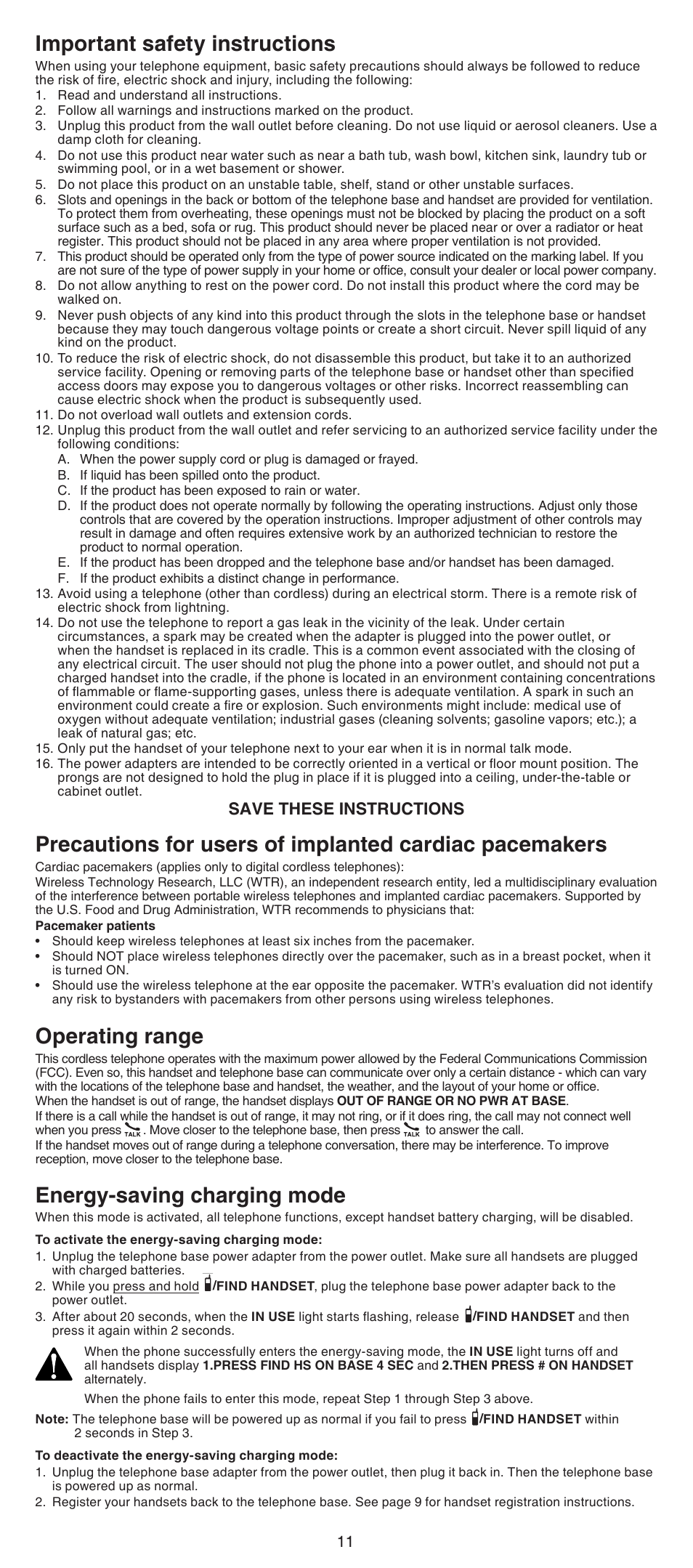 Important safety instructions, Operating range, Energy-saving charging mode | Save these instructions | VTech CS6429-5 Abridged manual User Manual | Page 11 / 14