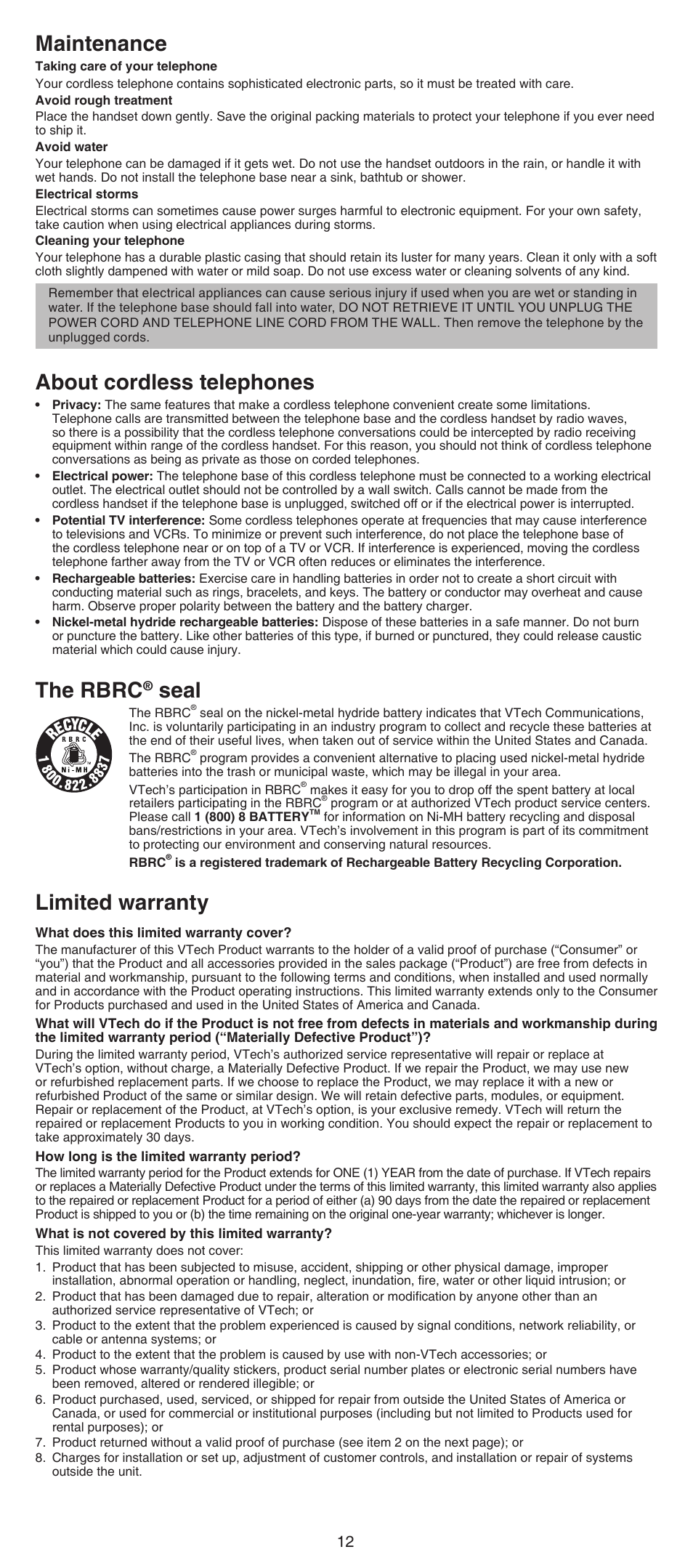 Maintenance, About cordless telephones, The rbrc | Seal, Limited warranty | VTech CS6429-5 Abridged manual User Manual | Page 12 / 14