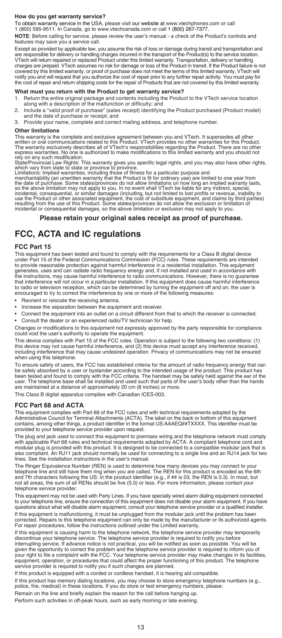 Fcc, acta and ic regulations, Fcc part 15, Fcc part 68 and acta | VTech CS6429-5 Abridged manual User Manual | Page 13 / 14