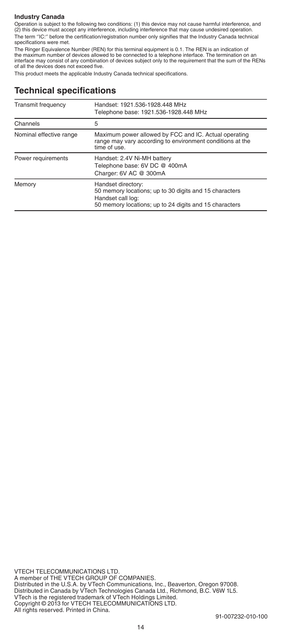 Technical specifications | VTech CS6429-5 Abridged manual User Manual | Page 14 / 14