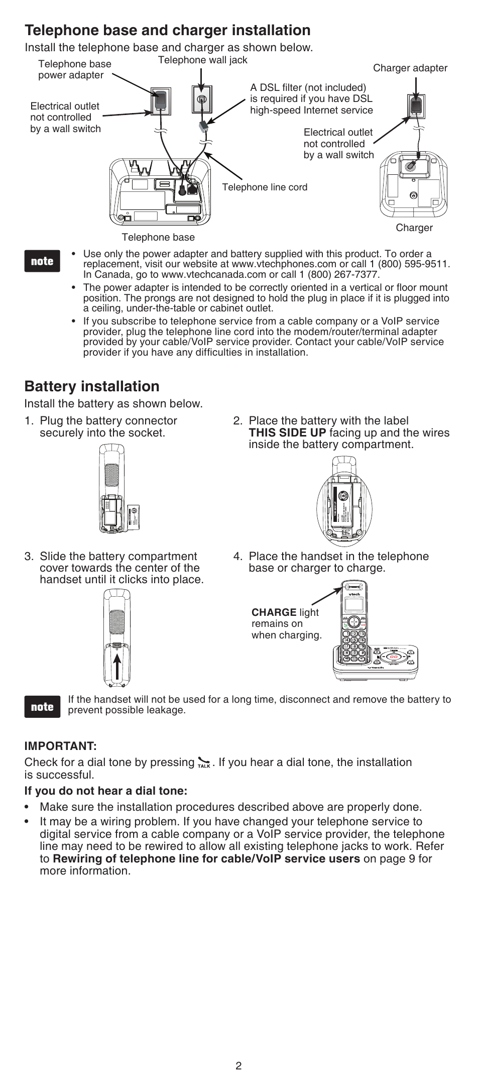 Telephone base and charger installation, Battery installation | VTech CS6429-5 Abridged manual User Manual | Page 2 / 14