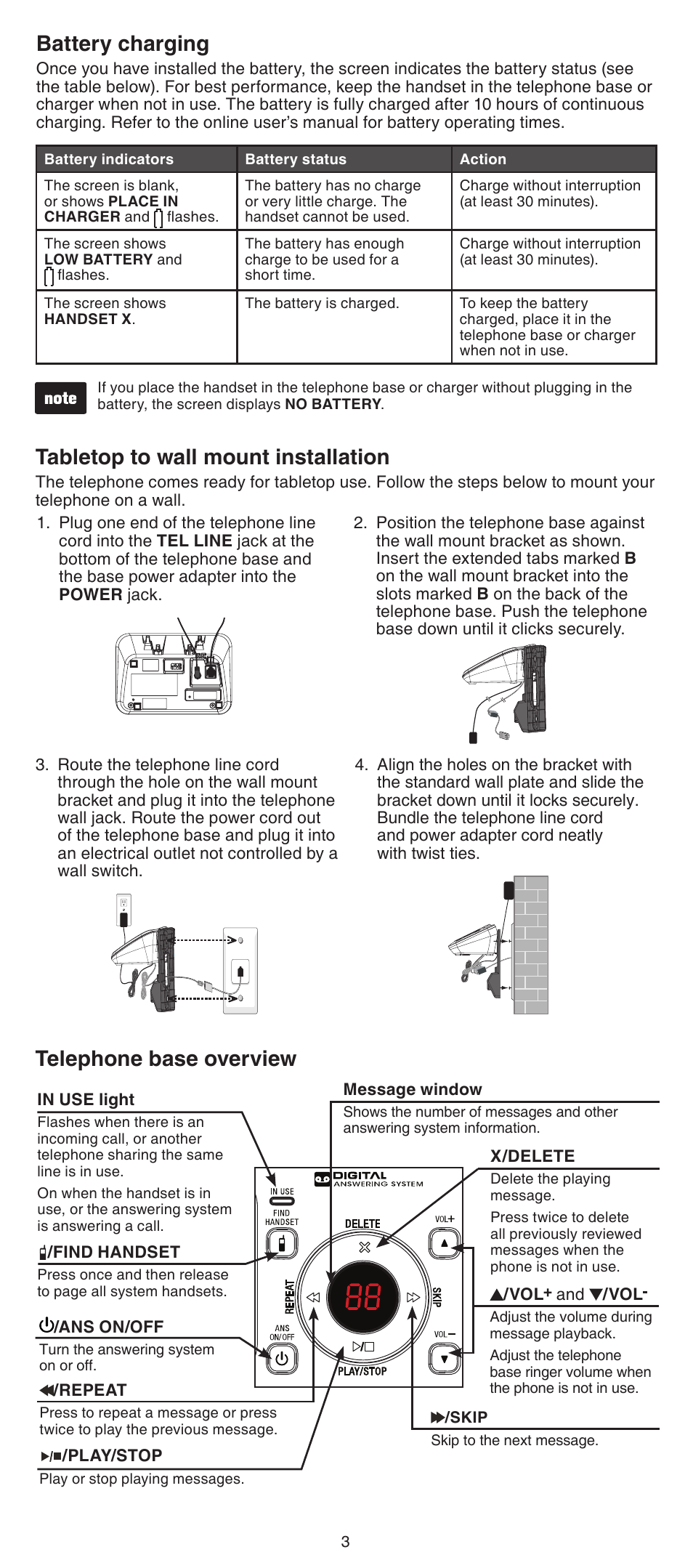 Tabletop to wall mount installation, Battery charging, Telephone base overview | VTech CS6429-5 Abridged manual User Manual | Page 3 / 14