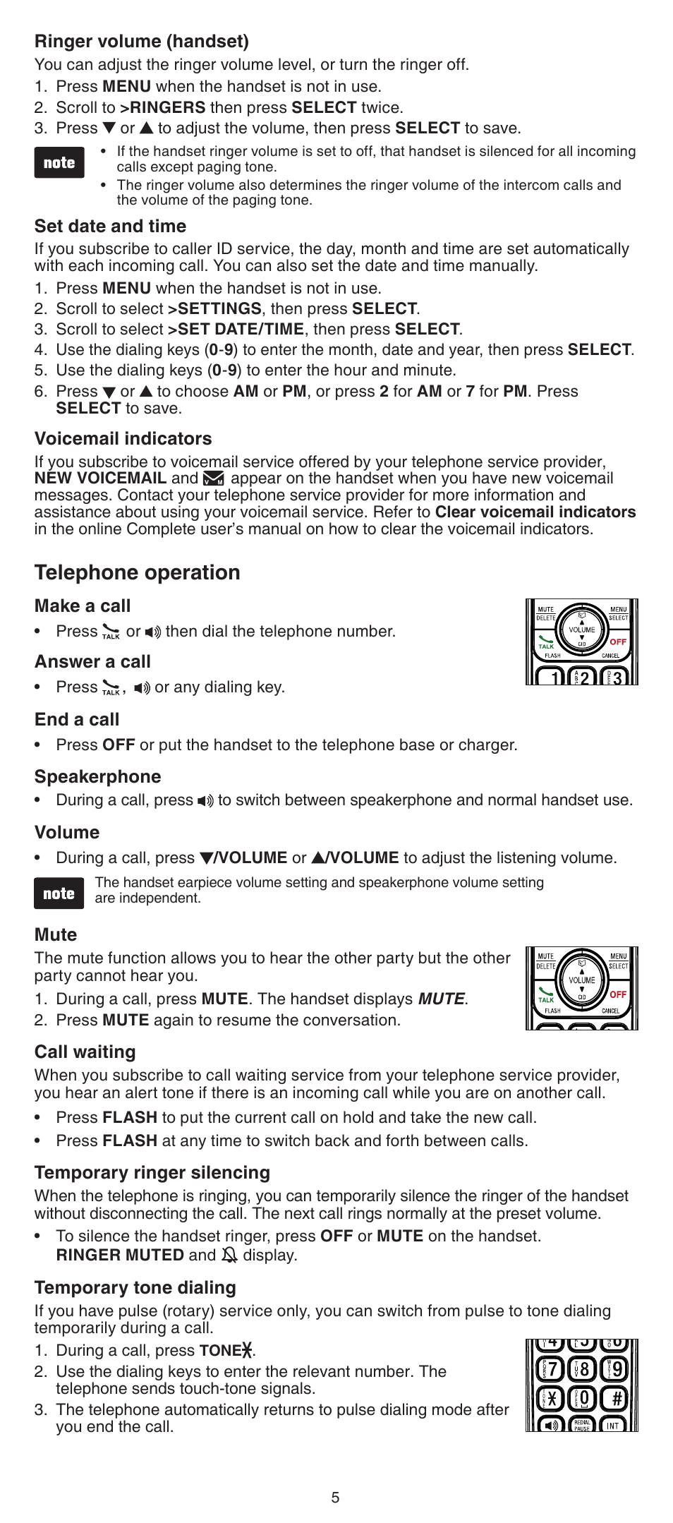 Telephone operation | VTech CS6429-5 Abridged manual User Manual | Page 5 / 14