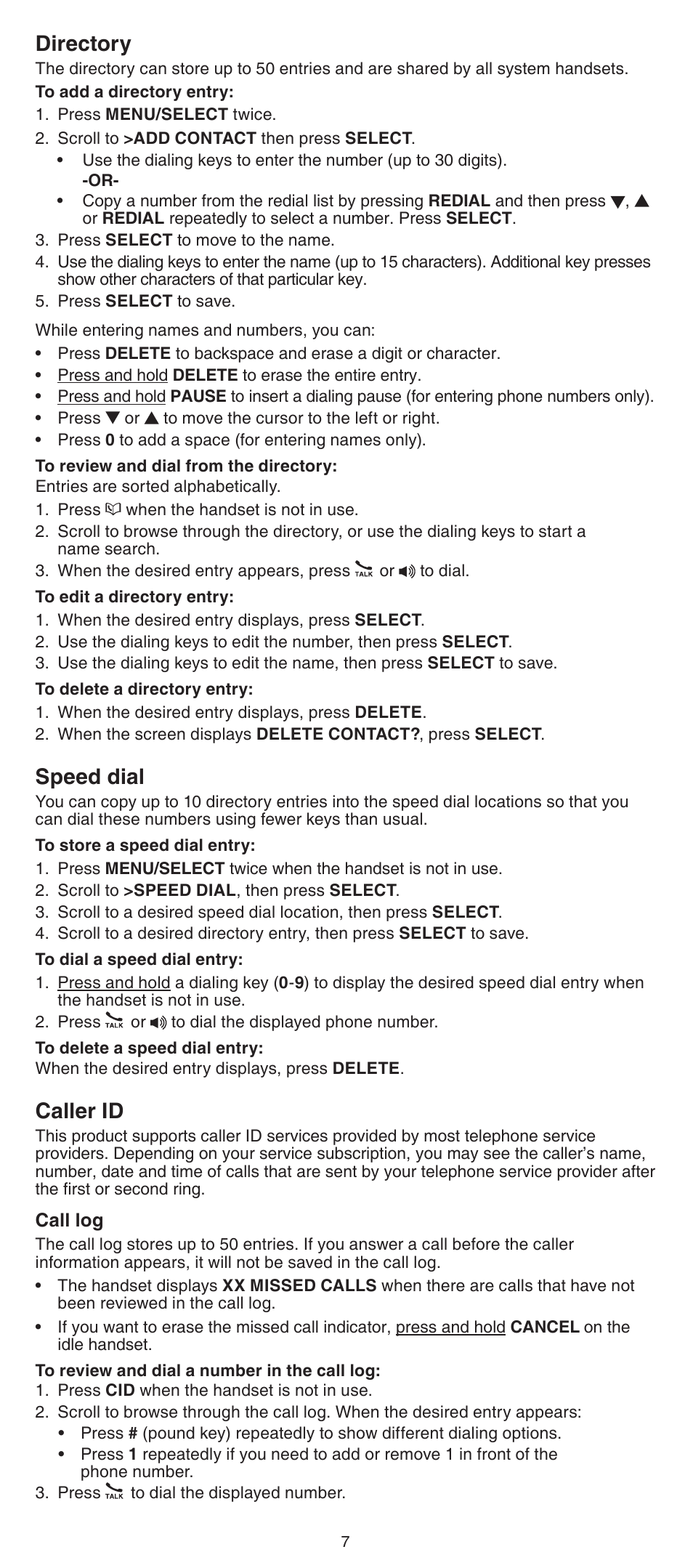 Directory, Speed dial, Caller id | VTech CS6429-5 Abridged manual User Manual | Page 7 / 14