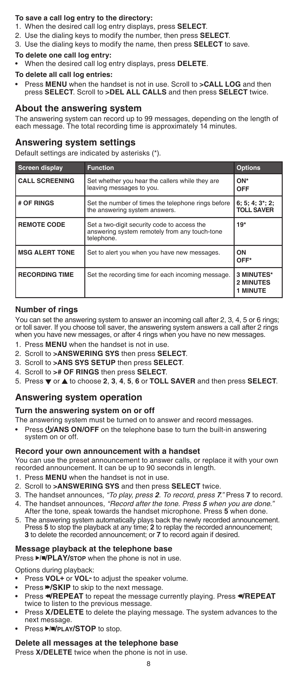 About the answering system, Answering system settings, Answering system operation | VTech CS6429-5 Abridged manual User Manual | Page 8 / 14