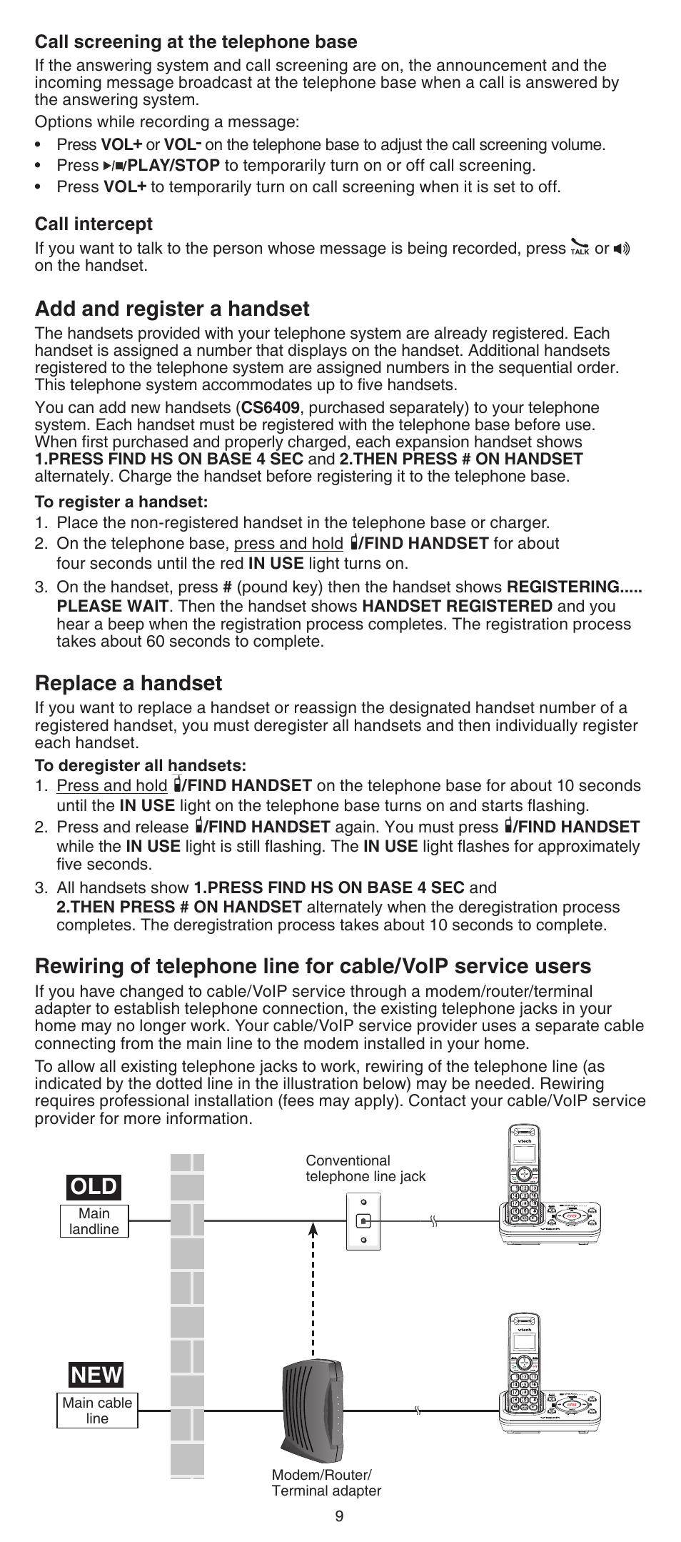 Add and register a handset, Replace a handset | VTech CS6429-5 Abridged manual User Manual | Page 9 / 14