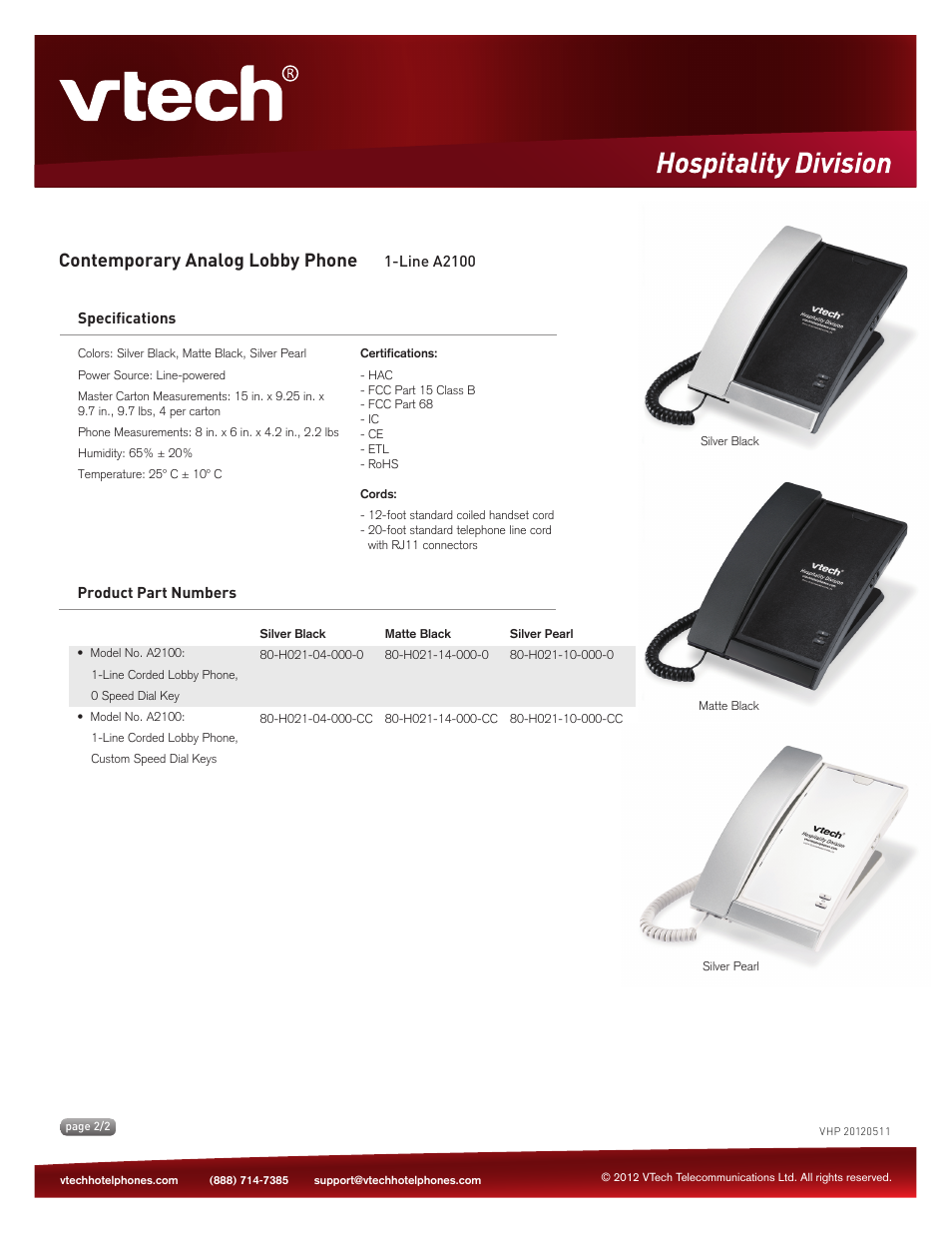 Contemporary analog lobby phone, Key features | VTech A2100 Spec Sheets User Manual | Page 2 / 2