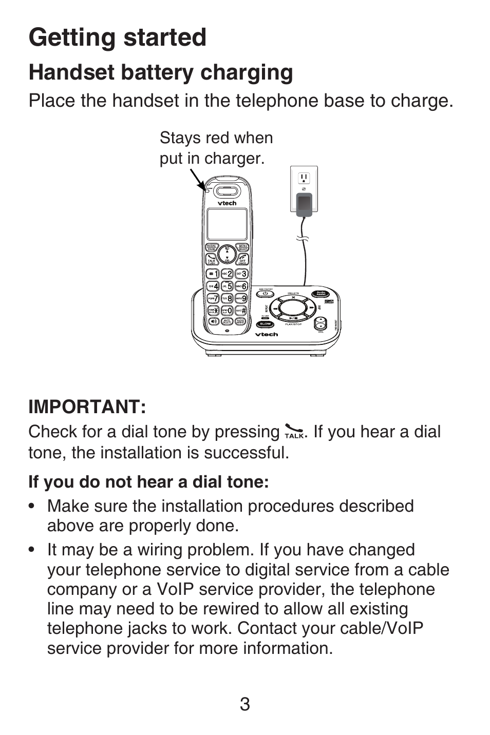 Handset charger installation, Handset battery charging, Getting started | VTech SN6187 Abridged manual User Manual | Page 10 / 125