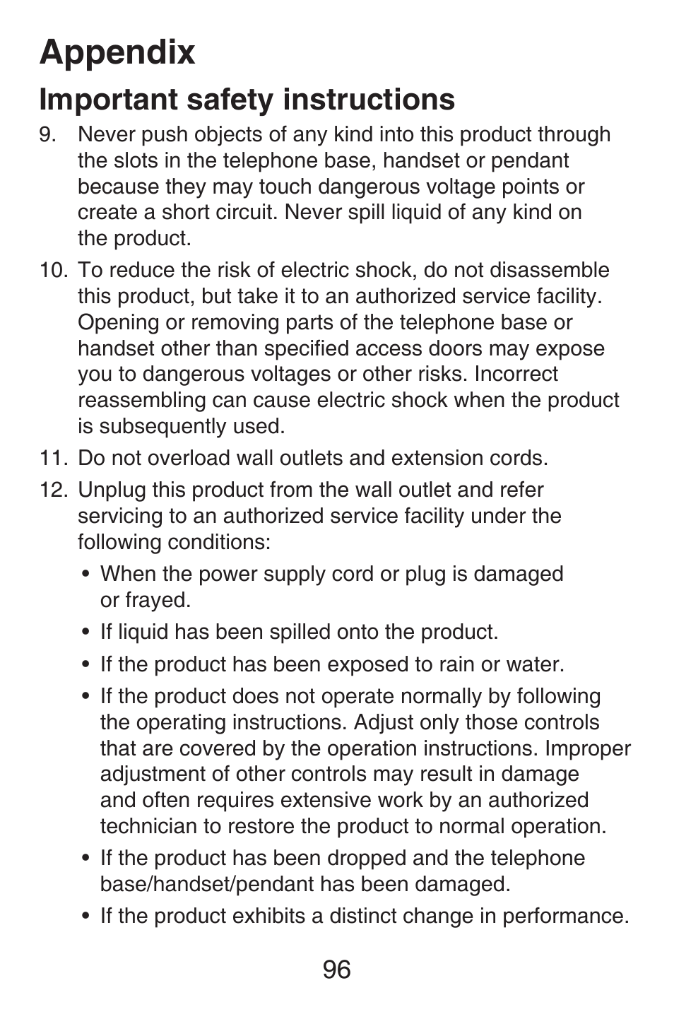 Important safety information, Appendix, Important safety instructions | VTech SN6187 Abridged manual User Manual | Page 103 / 125