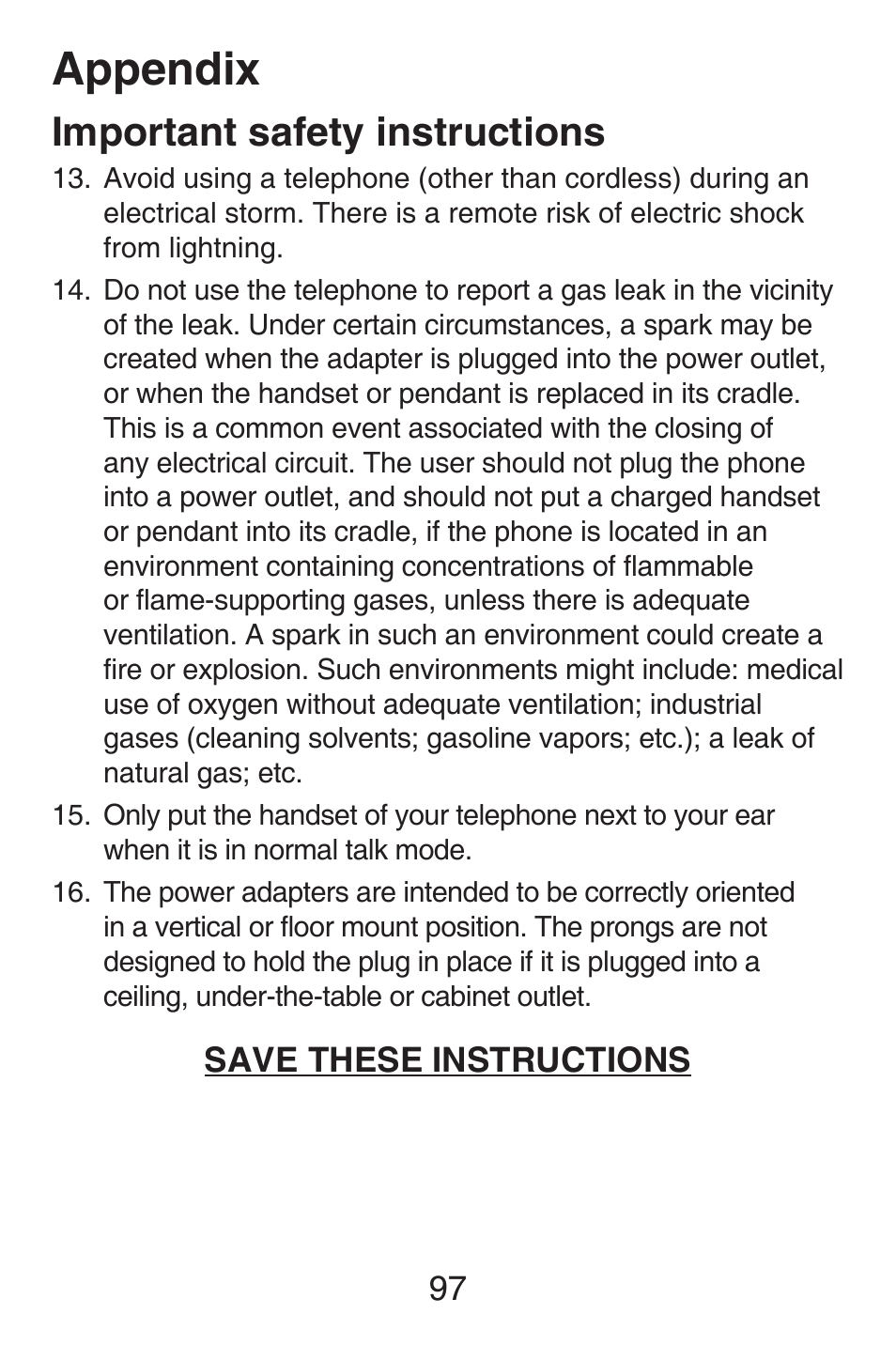 Appendix, Important safety instructions, Save these instructions | VTech SN6187 Abridged manual User Manual | Page 104 / 125