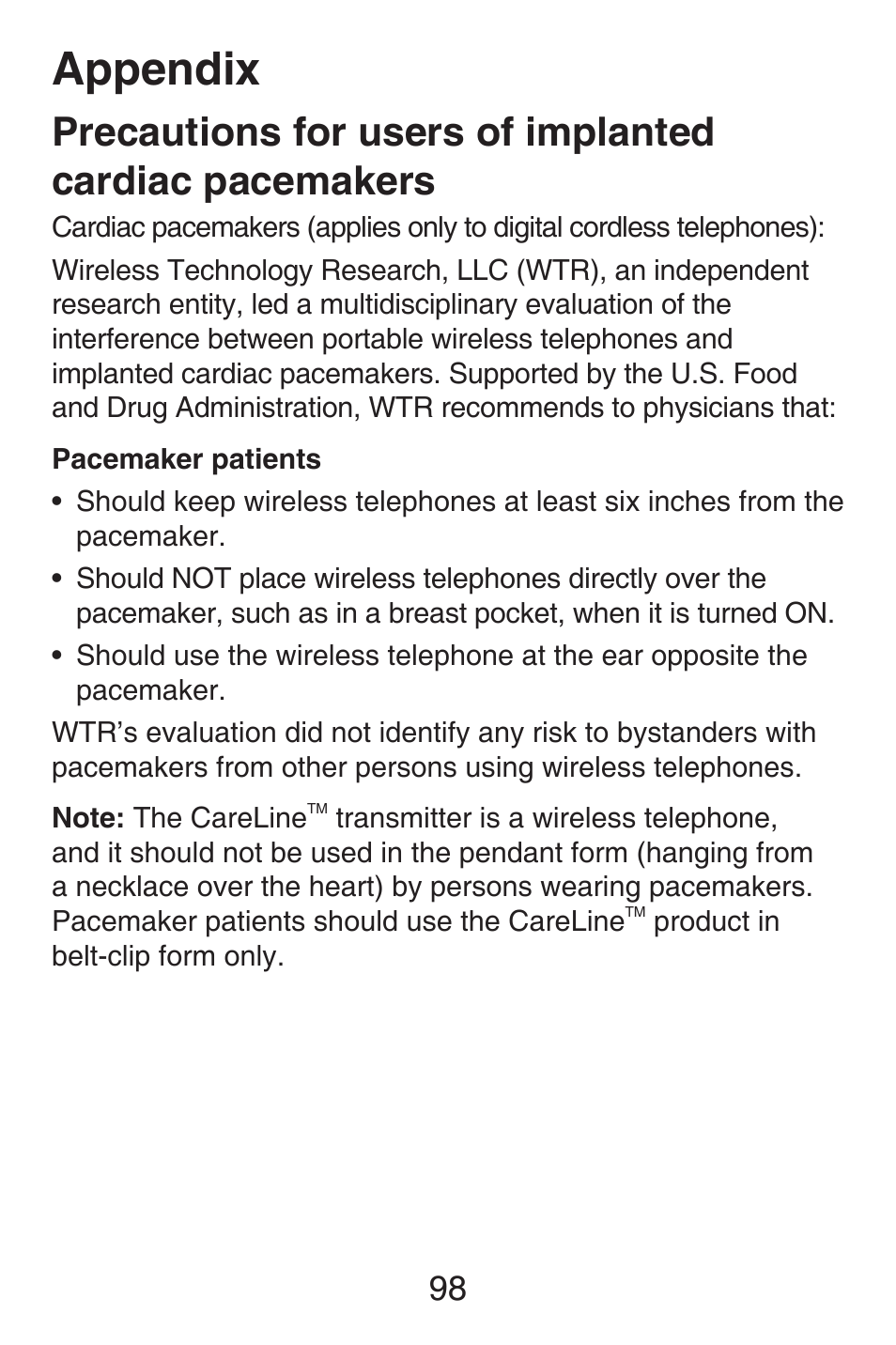 Precautions for users, Of implanted cardiac, Pacemakers | Appendix | VTech SN6187 Abridged manual User Manual | Page 105 / 125