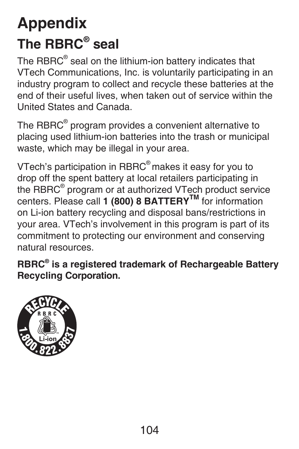 Appendix, The rbrc, Seal | VTech SN6187 Abridged manual User Manual | Page 111 / 125