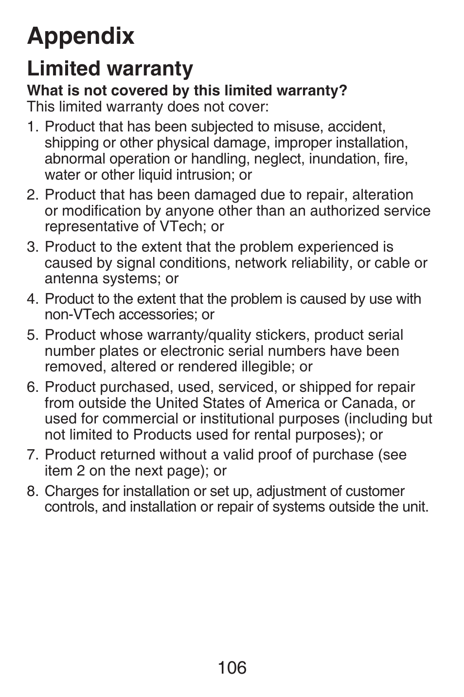 Appendix, Limited warranty | VTech SN6187 Abridged manual User Manual | Page 113 / 125