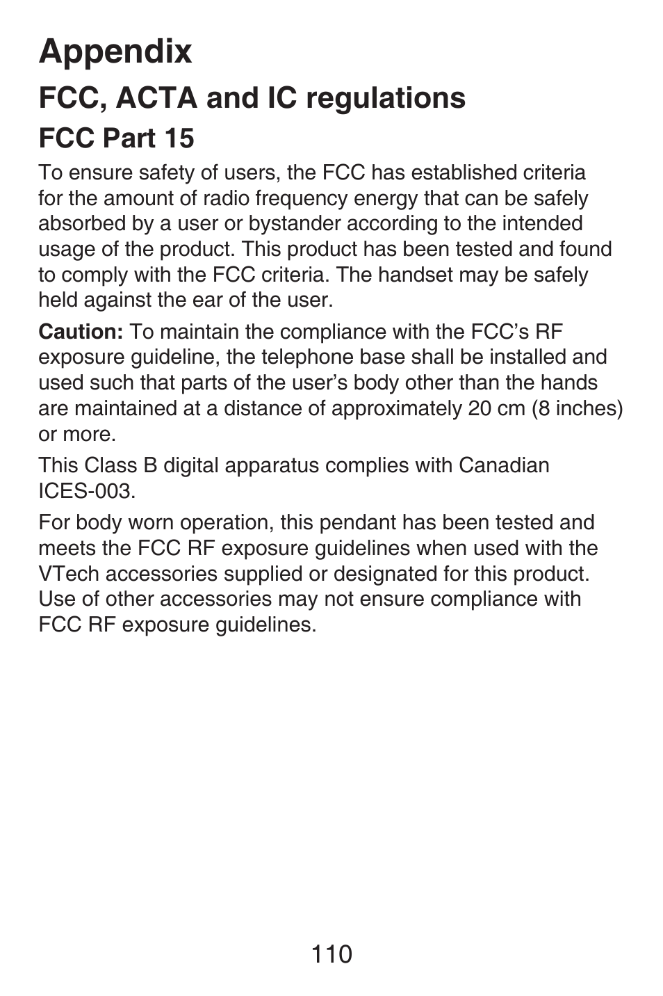 Appendix, Fcc, acta and ic regulations, Fcc part 15 | VTech SN6187 Abridged manual User Manual | Page 117 / 125