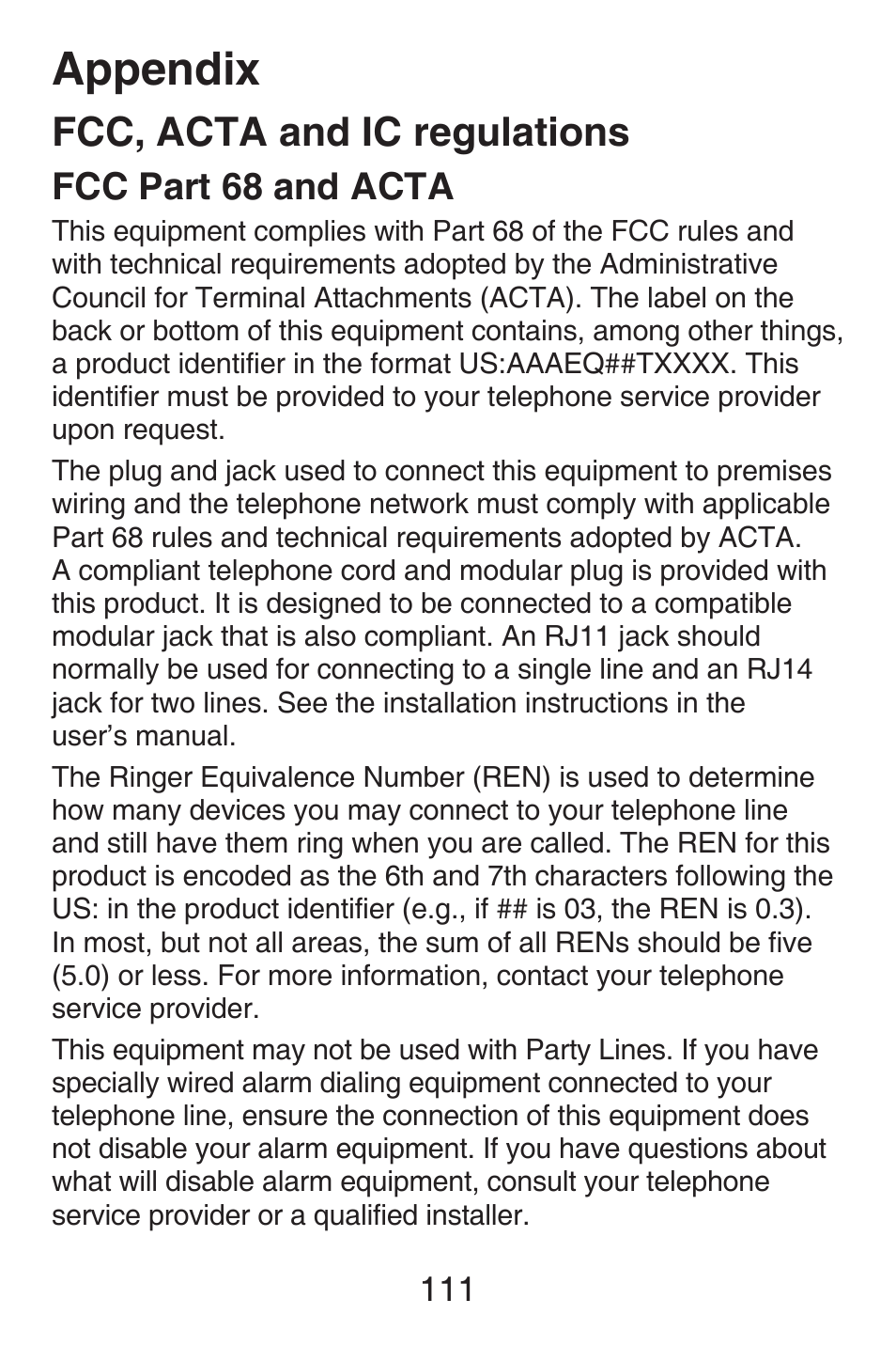 Appendix, Fcc, acta and ic regulations, Fcc part 68 and acta | VTech SN6187 Abridged manual User Manual | Page 118 / 125