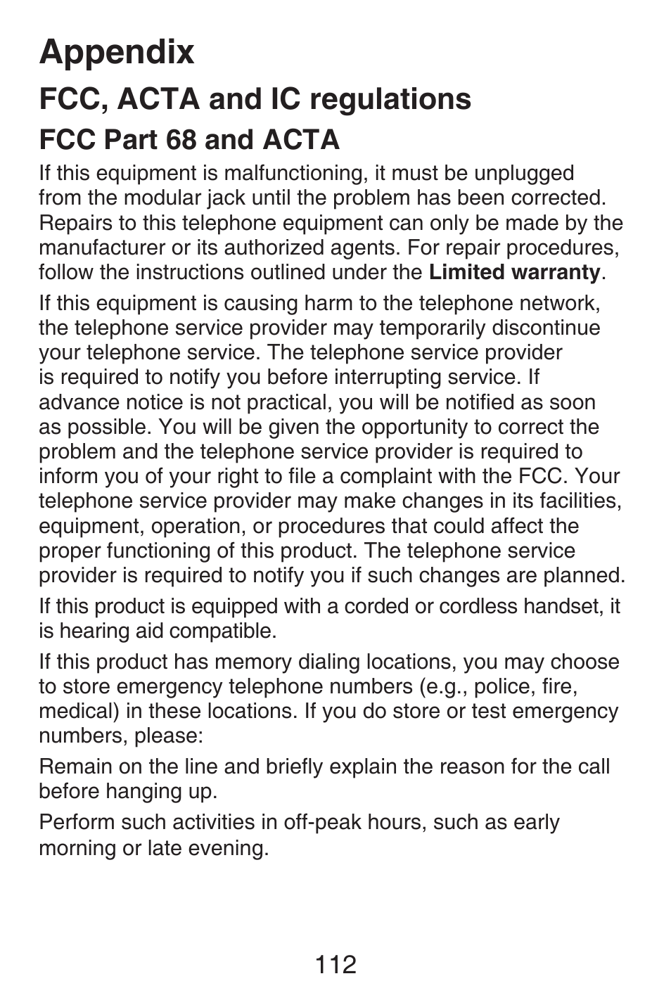 Appendix, Fcc, acta and ic regulations, Fcc part 68 and acta | VTech SN6187 Abridged manual User Manual | Page 119 / 125