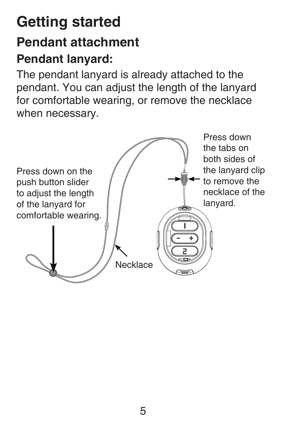 Pendant attachment, Getting started, Pendant lanyard | VTech SN6187 Abridged manual User Manual | Page 12 / 125