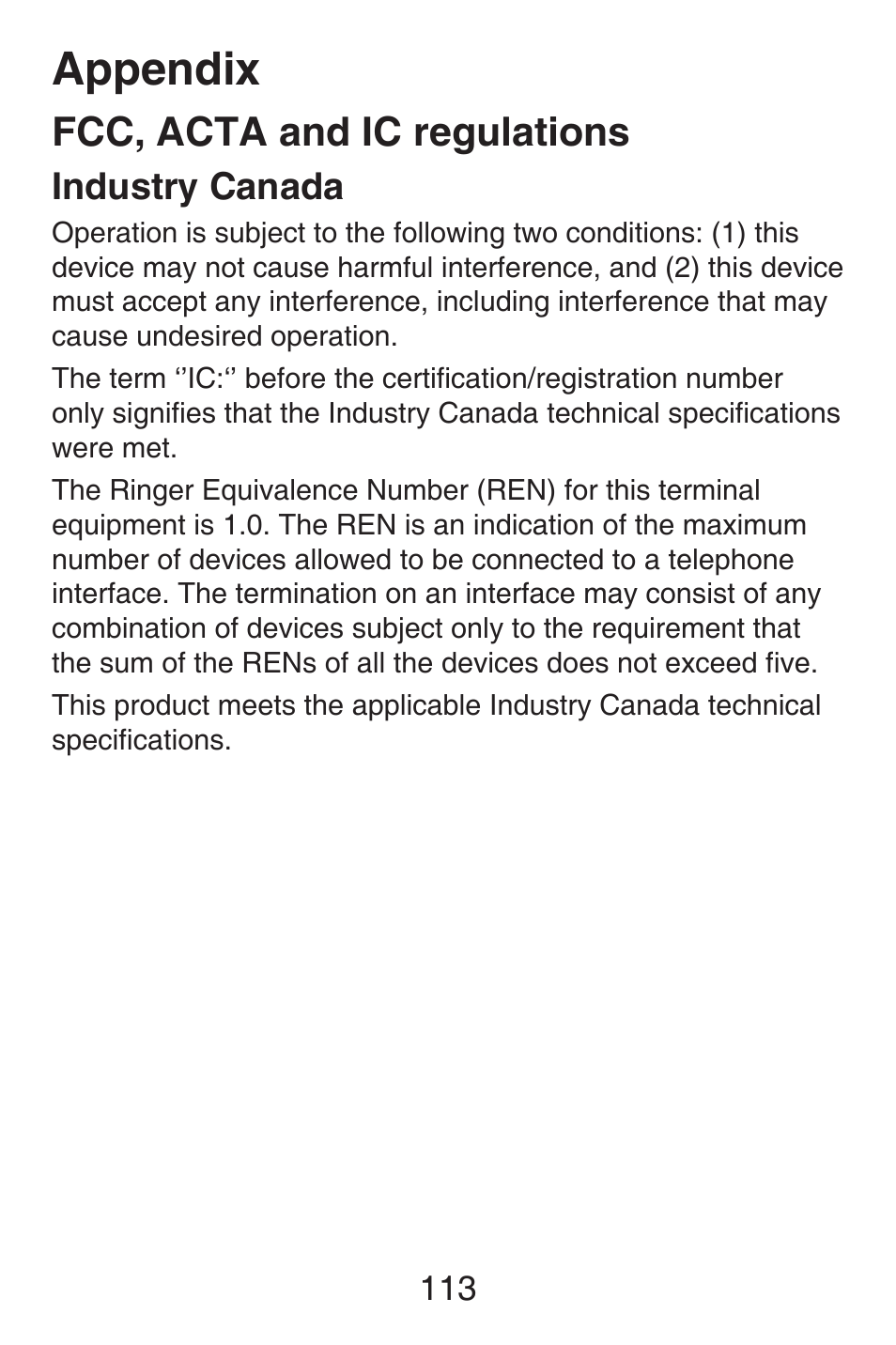 Appendix, Fcc, acta and ic regulations, Industry canada | VTech SN6187 Abridged manual User Manual | Page 120 / 125