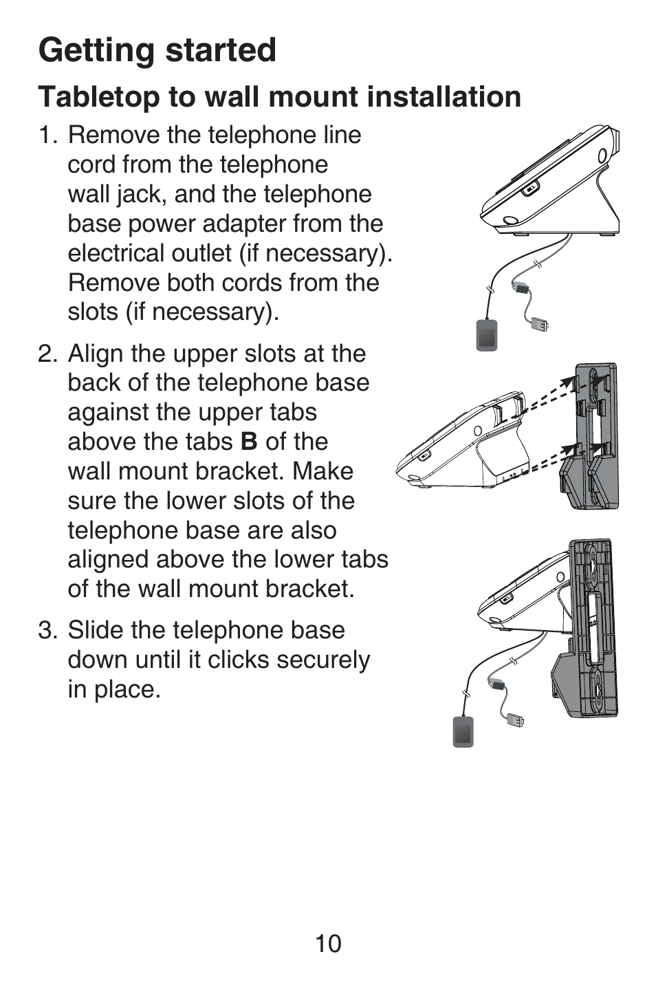 Tabletop to wall mount installation, Tabletop to wall mount, Installation | Getting started | VTech SN6187 Abridged manual User Manual | Page 17 / 125