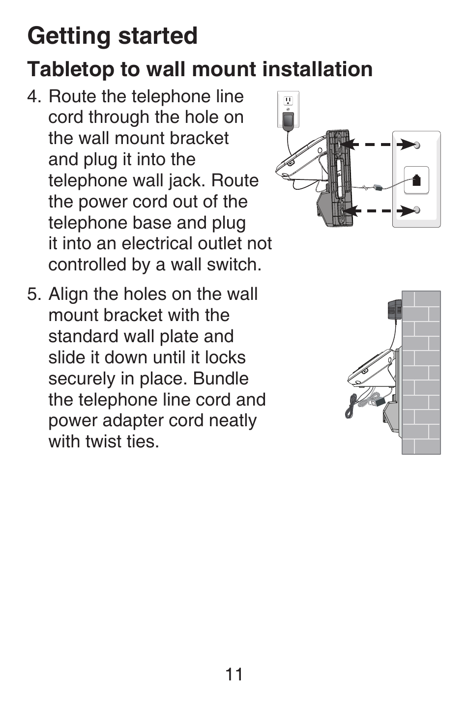 Getting started, Tabletop to wall mount installation | VTech SN6187 Abridged manual User Manual | Page 18 / 125