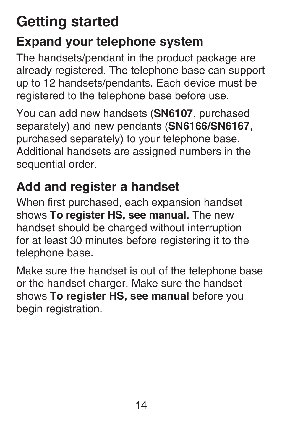 Expand your telephone system, Add and register a handset, Expand your telephone | System, Getting started | VTech SN6187 Abridged manual User Manual | Page 21 / 125